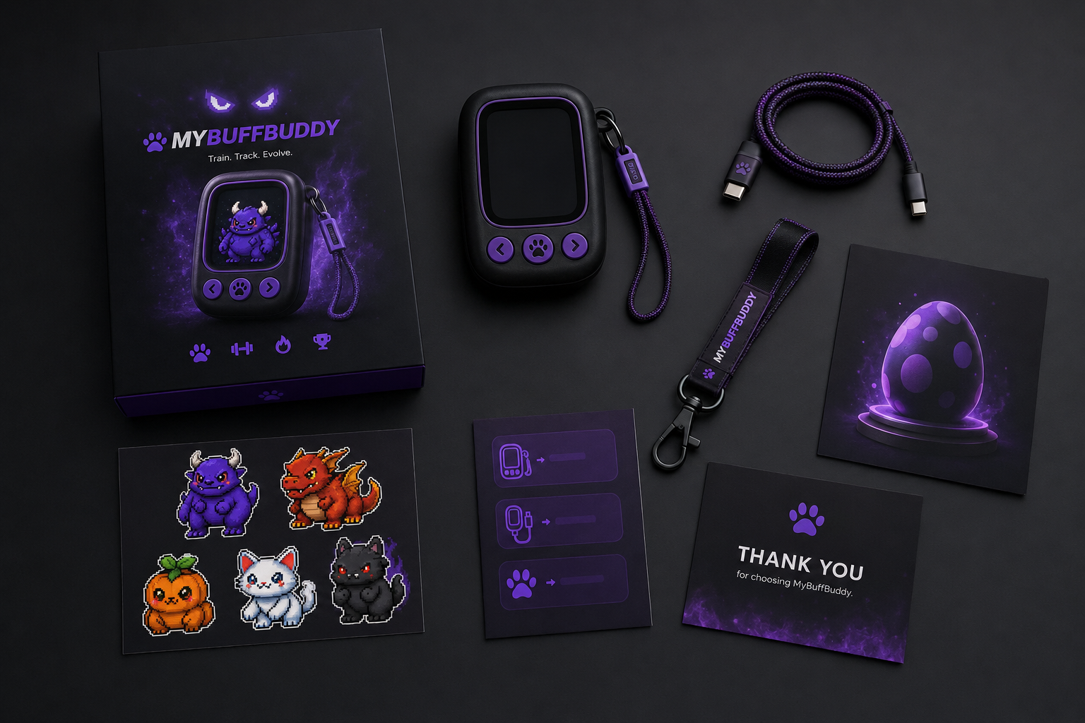 MyBuffBuddy packaging featuring the five official pets