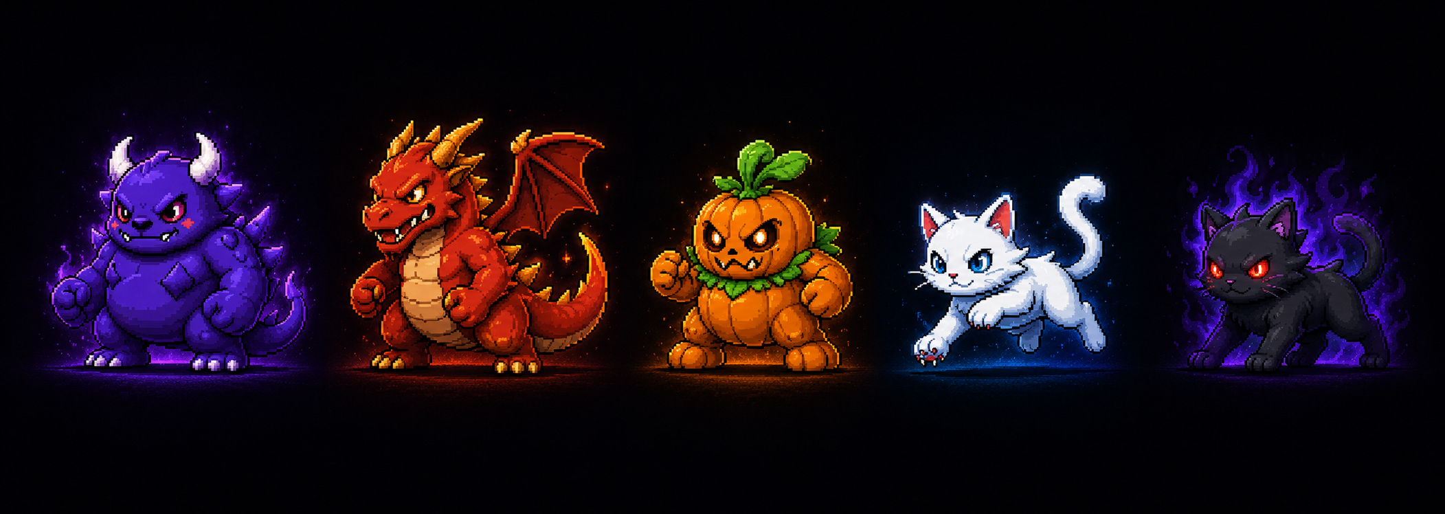 The five official MyBuffBuddy pets: Beastor, Drako, Pumpkin, Neko and Shadow
